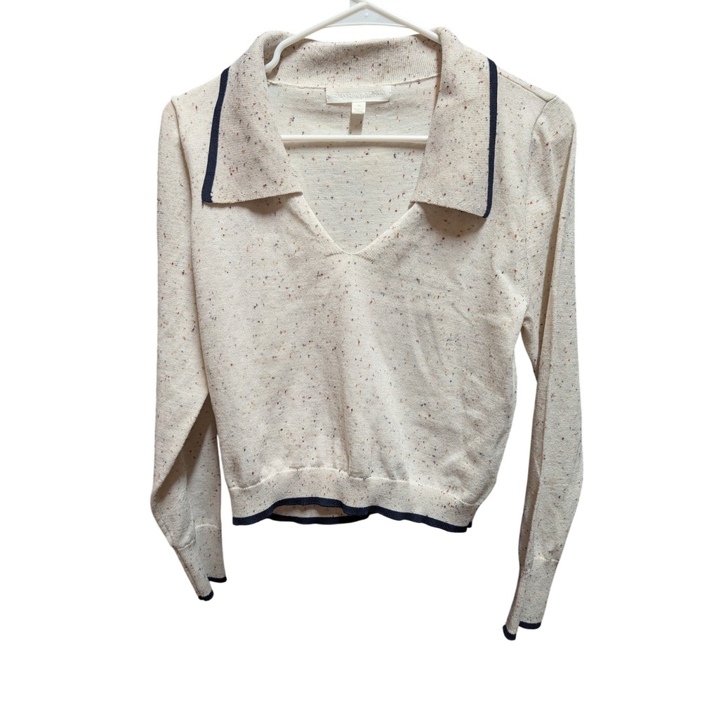 Grayson Parker Polo Sweater Womens Medium Cream Speckled Excellent V-Neck Knit